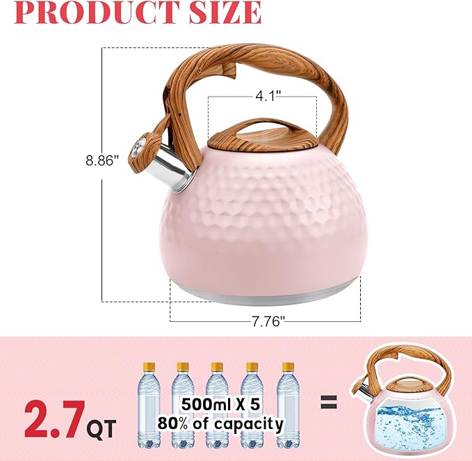 GGC Tea Kettle for Stove Top, Loud Whistling Kettle for Boiling Water Coffee or Milk, 3.1 Quart 3L Heavy Stainless Steel Pink Kettles with Wood Pattern Handle, Unique Button Control Kettle Outle - Bloomnest
