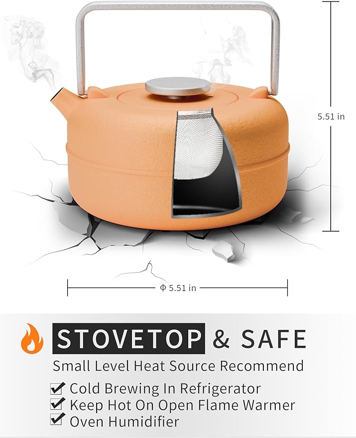 Toptier Teapot with Removable Infuser, Cast Iron Tea Kettle Stovetop Safe, Solid Geometry Cylinder Design Tea Pot Coated with Enameled Interior for 27 Ounce (800 ml), Yellow to Orange - Bloomnest