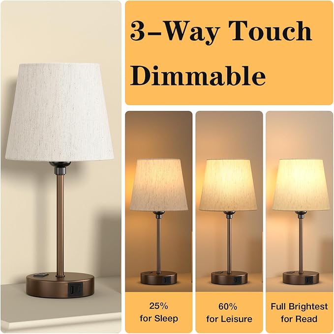 Acaxin Brown Bedside Lamps for bedrooms Set of 2 - Nightstand Bedroom Lamp with USB C Port and AC Outlet Charging, 3 Way Dimmable Touch Control Small Bed Side Table Lamp, Nightstand Light for Kids - Bloomnest