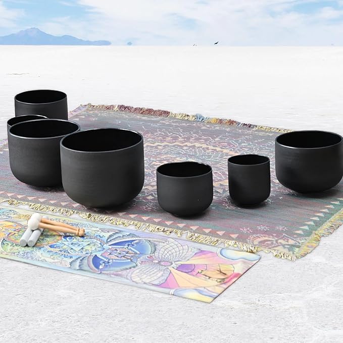 432HZ 6-12 Inch Set of 7 Chakra Black Frosted Quartz Crystal Singing Bowls with 2 Pcs Carry Cases and Suede Mallet - Bloomnest