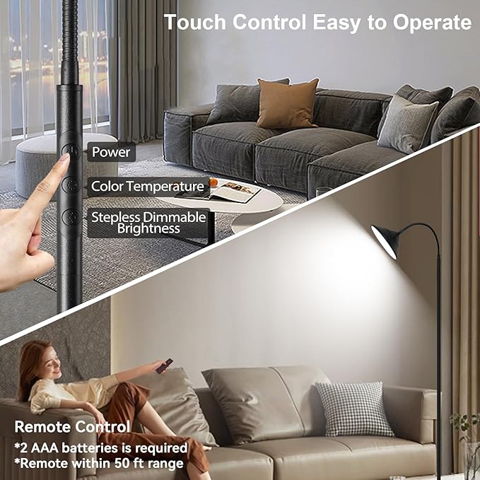 76" LED Floor Lamp, 18W/1800LM Super Bright Reading Standing Lamp,Stepless Dimmable&Adjustable Color Temperature 2700K-6500K w/Remote& Touch Control Lamps for Living Room Bedroom Office Black - Bloomnest