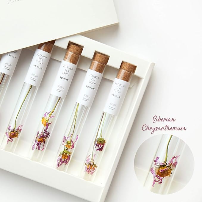 KKOKDAM Tea Gift Set - Siberian Chrysanthemum Blooming Stick Flowers - Fancy Korean Gifts For Tea Lovers - 5 Premium Flower Sticks - Bloomnest