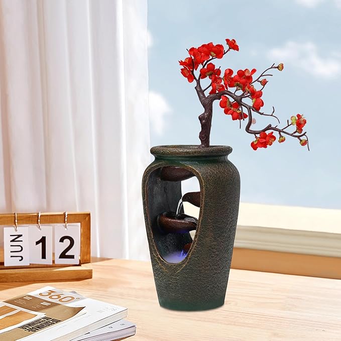Decorative Indoor Tabletop Fountain, 15.7in Tabletop Wateall Vase Fountains with Simulation Tree Flowers for Living Room, Bedroom, Dining Room (Plum Blossom -B) - Bloomnest
