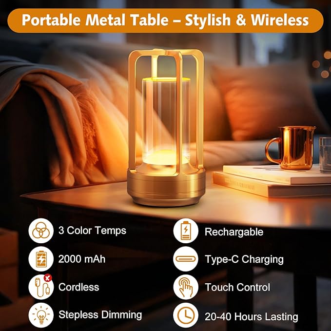 Portable Table Lamp for Outdoor Indoor: Cordless Rechargeable Desk Lamp with 3 Color Stepless Dimmable - Metal Battery Operated Small Lantern Light for Restaurant/Bedroom/Bar/Coffee Shop/Camping - Bloomnest