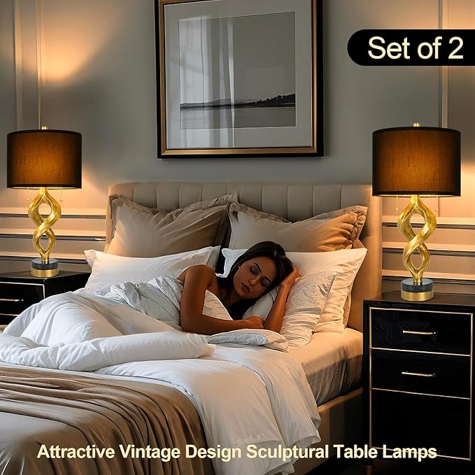 Sculptural Table Lamp Set of 2 for Bedroom, 26” Gold Leaf Farmhouse Bedside Lamps for Living Room, Pull Chains Switch Rustic Nightstand Lamp Marble Base with USB for Home Room Decor (Bulbs Included) - Bloomnest