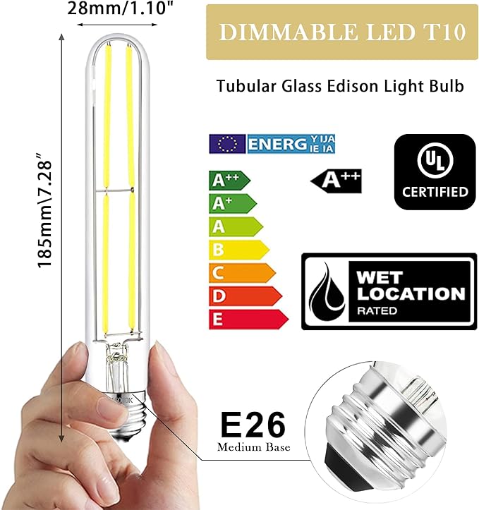 7.3 Inch E26 Led Bulb 6W Dimmable, 5000K Daylight Edison Bulbs 800LM, Equal 80 Watt Tubular T10 T9 Long Clear Glass Light Bulb for Rustic Pendant Industrial Pipe Wall Sconces - 6Pack - Bloomnest