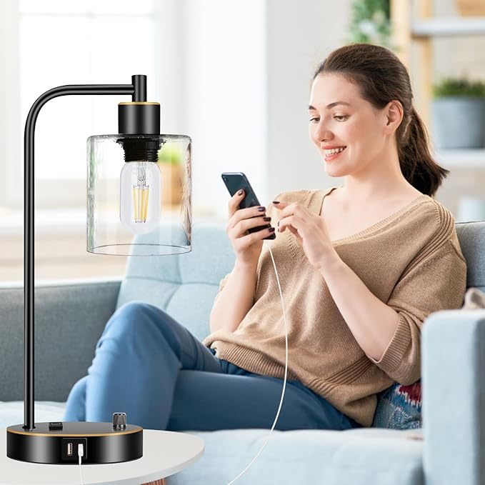 Set of 2 Black and Gold Industrial Table Lamps with USB Port, Fully Stepless Dimmable Bedside Lamps for bedrooms, Nightstand Desk Lamps with Clear Glass Shade for Reading Office 2 LED Bulb Included - Bloomnest