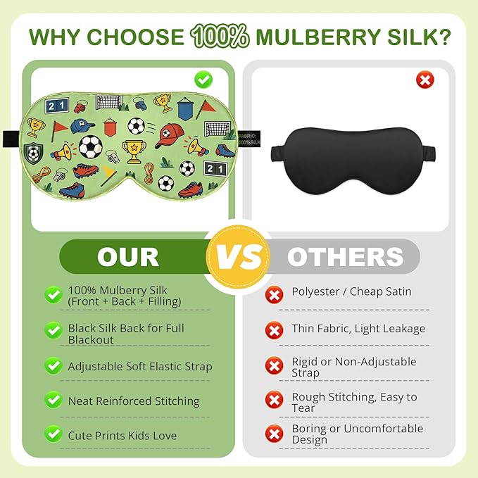 Kids Silk Sleep Mask: 100% Mulberry Silk Eye Mask with Adjustable Strap, Cute Sleeping Blindfold for Boys Girls Teens, Soft & Lightweight Eye Shade for Travel, Nap, Bedtime (Soccer Cute Print) - Bloomnest