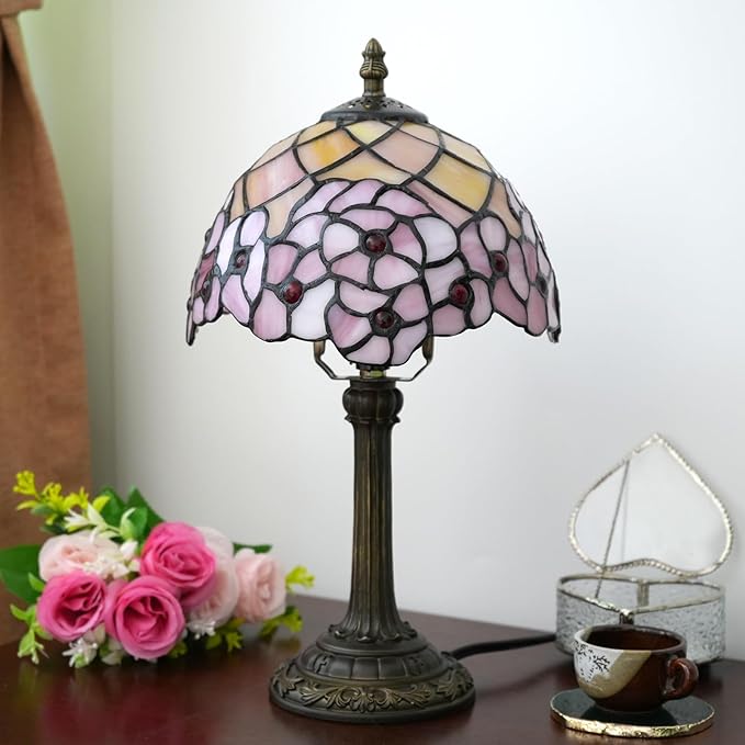 Tiffany Lamp Stained Glass Table Lamp 8X8X14 Inches Desk Reading Light Decor Beside Bedroom Living Room Home (H-1055- Cherry Blossom) - Bloomnest
