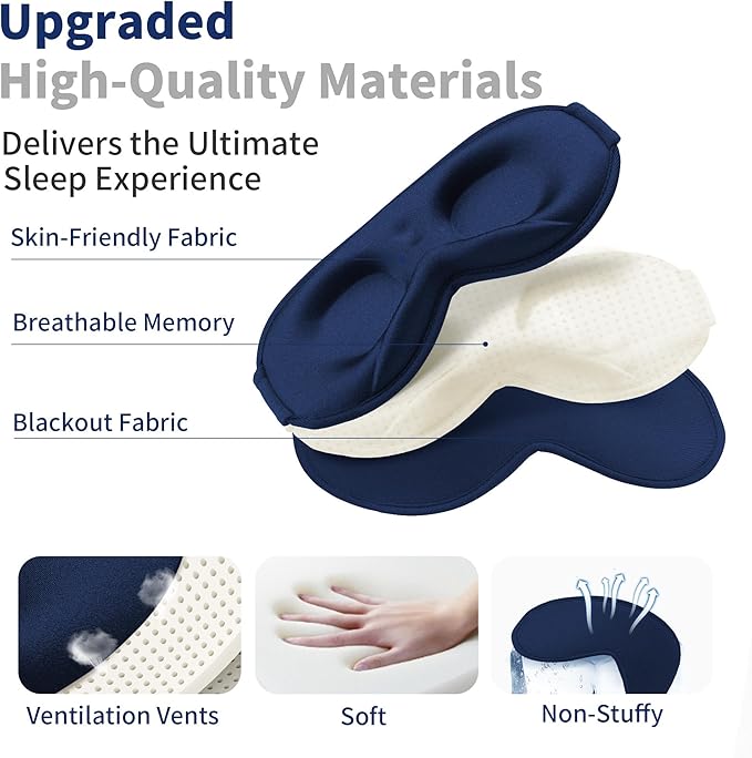 3D Sleep Mask for Men Women 2 Pack, Blackout Eye Mask for Sleeping eye Mask for Side Sleeper, Memory Foam Adjustable&Washable, Airplane Travel Essentials Couples Yoga Meditation Office Black&Dark-Blue - Bloomnest