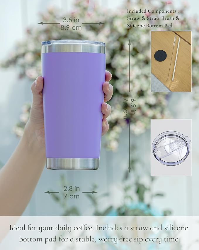 Travel Coffee Tumbler 20oz, 12 Pack Leakproof Travel Coffee Mug with Lid and Straw, Stainless Steel Double Wall Vacuum Insulated Tumbler for Hot/Iced Drinks (Textured Matte, Periwinkle) - Bloomnest