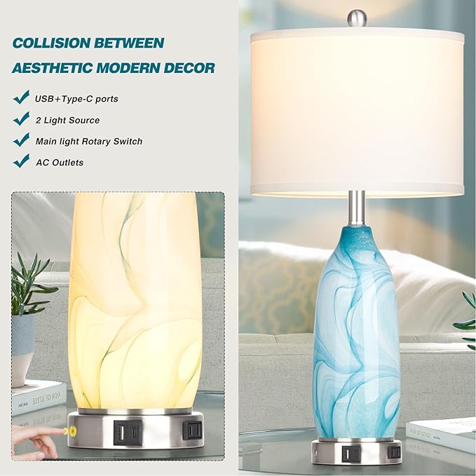26" Coastal Table Lamps Set of 2, Modern Table Lamps with USB A+C Ports & AC Outlet, Touch Control Glass Bedside Nightstand Lamp with Night Light for Living Room Bedroom End Table Blue(Bulbs Included) - Bloomnest