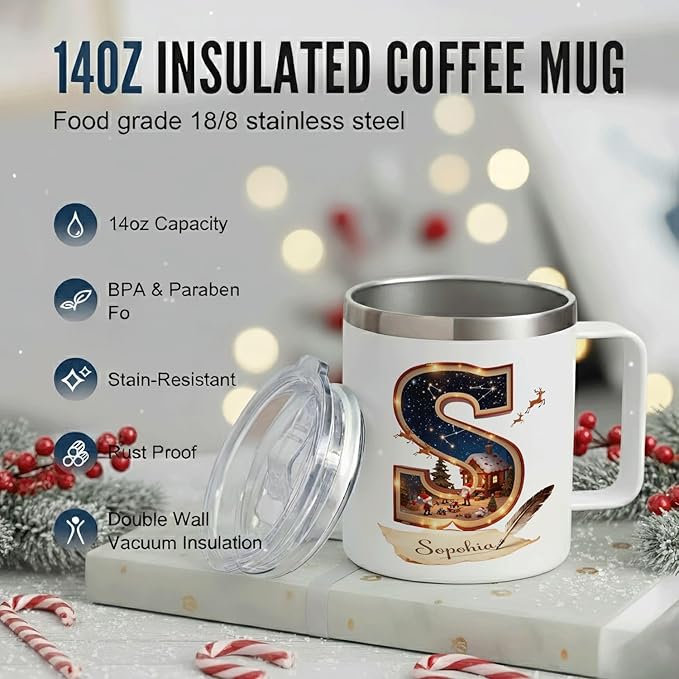 Personalized Christmas Mug | Custom Storybook Initial Insulated Coffee Cup with Handle & Lid | 12oz Magical Holiday Tumbler, Unique Gift for Readers & Kids (B18) - Bloomnest