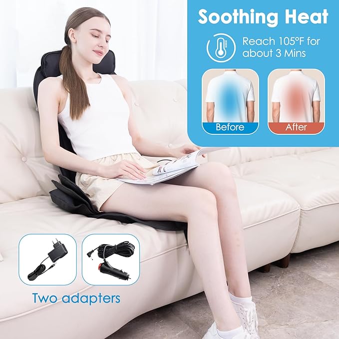 Shiatsu Back Massager for Pain Relief Deep Tissue, Chair Massager with Soothing Heat & Vibration, Soft S-Curve & Height Adjustable for Diverse Body Contours, Home Office Gifts for Men Women - Bloomnest