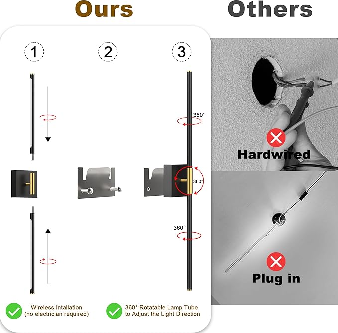 31.5 Inch Battery Operated Wall Sconce Set of Two, 8000mAh USB Rechargeable Wall Sconce with Remote Control, 360°Rotate Dimmable 3000K-6000K LED Wall Lights for Living Room, Hallway, Bedroom, (2 Pack) - Bloomnest