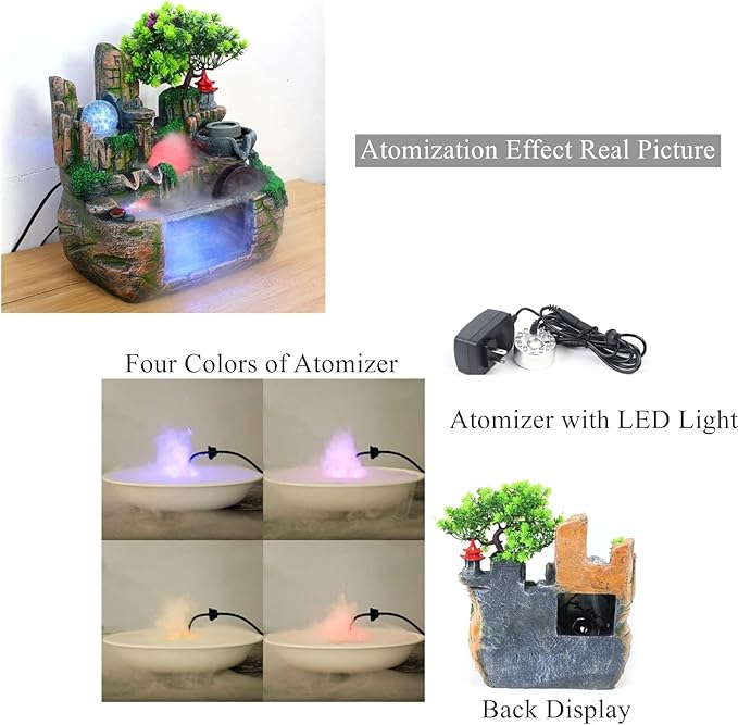 Atomizing Rockery Water Fountain Desktop Chinese Fengshui Tabletop Fountain Plants, Desktop Fountains, Atomizing Humidifier Fountain LED Lamp Waterfall for Home Office Bedroom Desk Decoration