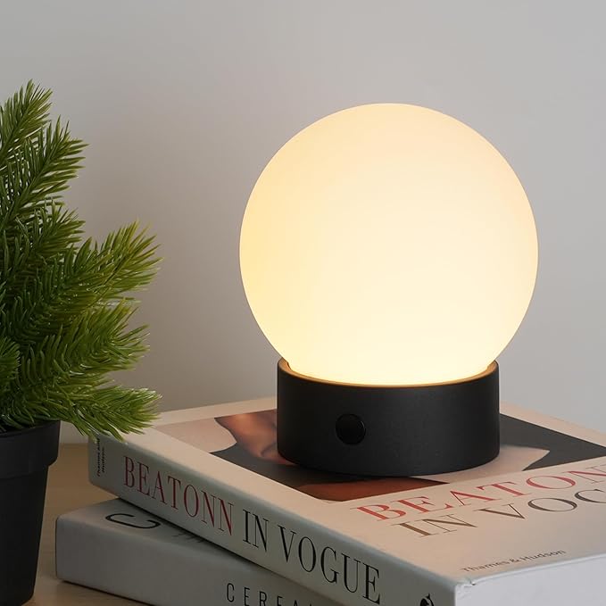 Small Cute Cordless Table Lamp Rechargeable, Battery Operated Shower Lamp Waterproof, Touch Dimmable Globe Ambient Light for Outdoor/Bedside/Patio/Dining (Black) - Bloomnest