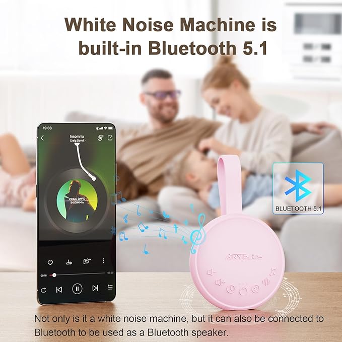 White Noise Machine for Sleeping Adults & Baby, Portable Sound Machine with 24 Soothing Sounds, Bluetooth 5.1, Battery Powered, 3 Timer Settings, Memory Function for Home, Office, Travel (Pink)