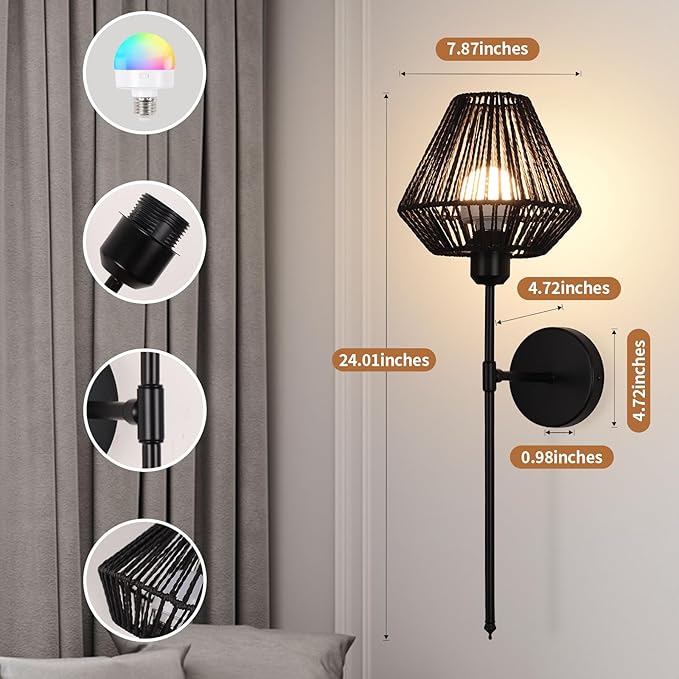 Battery Operated Wall Sconces Set of 2,Rattan Rechargeable Wall Light Dimmable with Remote Control,15 Color Changing and Timer,Boho Wireless Black Wall Lamps for Bedroom,Living Room - Bloomnest