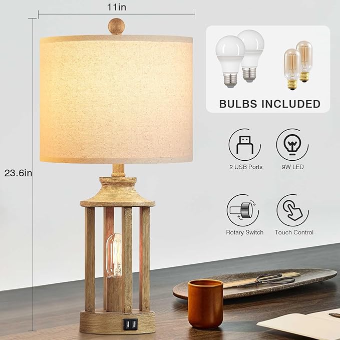 Touch Control Farmhouse Table Lamp Set of 2 with 2 USB Ports, 3 Way Dimmable Bedside Lamps with 2 LED Nightlight，Rustic Nightstand Lamps for Bedroom, Living Room Office (4 LED Bulbs Included) - Bloomnest