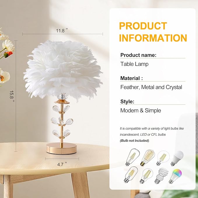 Chic White Feather Lamp Creative Fluffy Table Lamp Cute Kids Bedside Lamp Modern Feather Desk Light for Teen Girls Bedroom Living Room Entryway Study Room Wedding Deco - Bloomnest