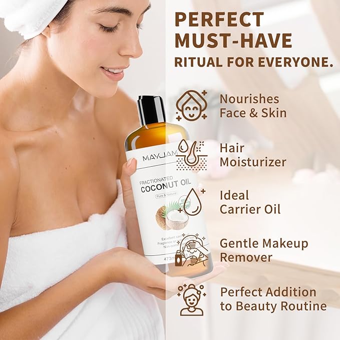MAYJAM Organic Fractionated Coconut Oils Liquid 16oz, 100% Pure & Natural USDA Certified Cold Pressed Coconut Carrier Oil for Face Skin & Hair Moisturizing, Body Massage Oil for Essential Oils Mixing - Bloomnest