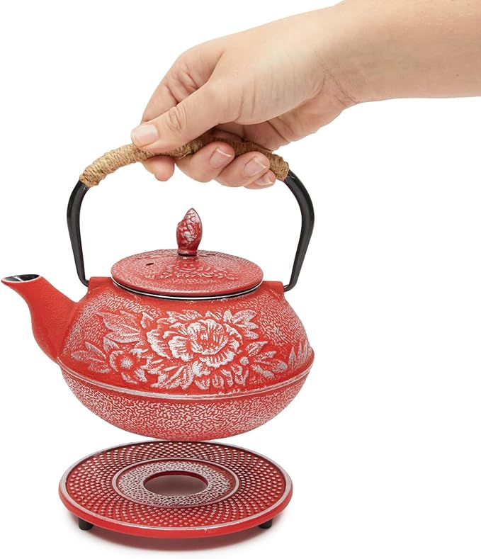 Juvale Japanese Cast Iron Teapot with Infuser - Red, 27 oz (800 ml), 3-Pc Teapot Set - Stovetop Kettle for Loose Leaf Brewing - Removable Stainless Steel Infuser & Trivet Included - Bloomnest