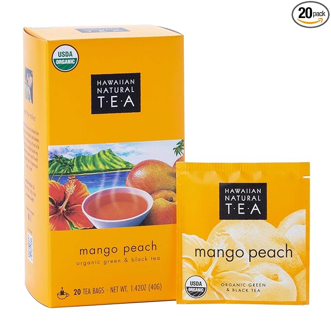 Hawaiian Natural Tea Mango Peach Flavored Organic Tea - Tropical Fruit Green and Black Tea Blend - Perfect Daily Cup & Gift for Special Occasions - 20 Tea Bags - Bloomnest