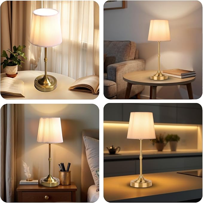 Rechargeable Table Lamp, Cordless Touch Lamps, Portable Desk Light with Stepless Dimmable Brightness & Fabric Shade for Nightstand Bedside Living Room (Gold, Twill) - Bloomnest