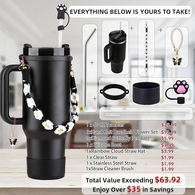 40 oz Tumbler Insulated Mug w/Straw & Flip Cap Lids - Cup Holder Bottle with 6 Accessories Set for Hot, Cold Drink - Leak-Proof - Water, Coffee Portable Travel Mug (Midnight Black) - Bloomnest