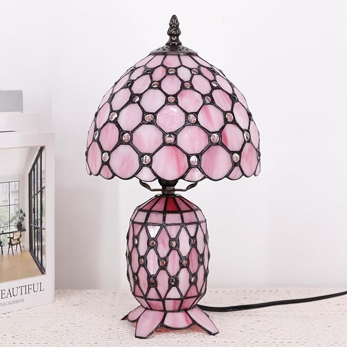 Small Tiffany Lamp Stained Glass Table Lamp Mini Mother Daughter Vase Desk Accent Night Light for Bedroom Bedside Reading Home Antique Style 8X14 Inches (Pink) - Bloomnest