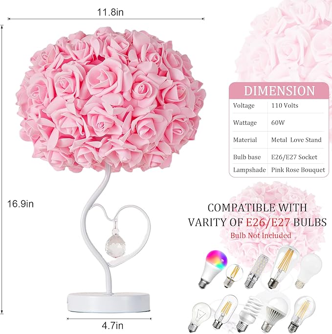 Pink Rose Flower Bedside lamp Princess Table lamp Flower Lamp for Nightstand Desk Light for Bedroom Women Girl Dating Gifts Party Wedding Decor Living Room Restaurant Office - Bloomnest