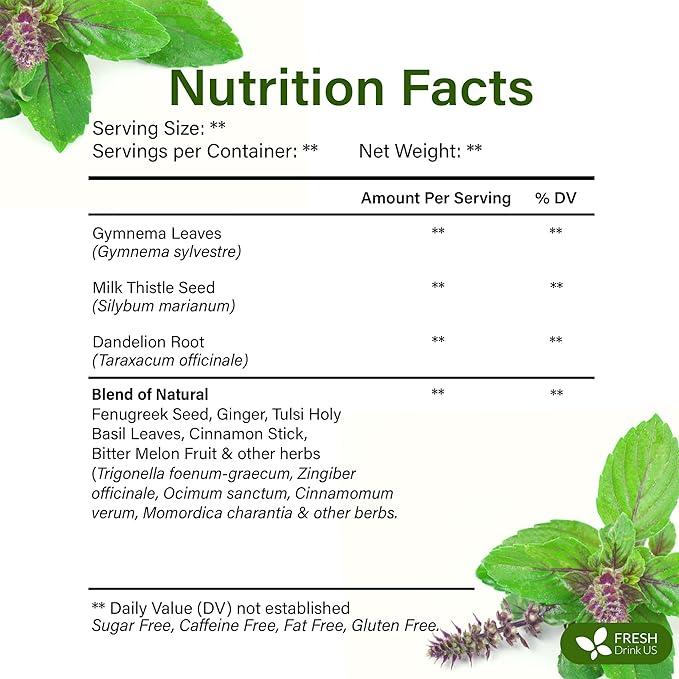 FreshDrinkUS, Premium 30 Tea Bags Glucose Functional Tea – Herbal Blend with Gymnema, Cinnamon, Bitter Melon, Tulsi & More –– Caffeine-Free. Sugar-Free. Gluten-Free. Vegan - Bloomnest