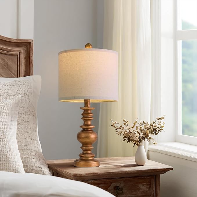 BOBOMOMO 20" Antique Gold Table Lamps Set of 2 – Handcrafted Vintage Bedside Lamps with Linen Shades, Elegant Farmhouse Lamps for Bedroom, Living Room, or Entryway – Perfect for Compact Spaces - Bloomnest