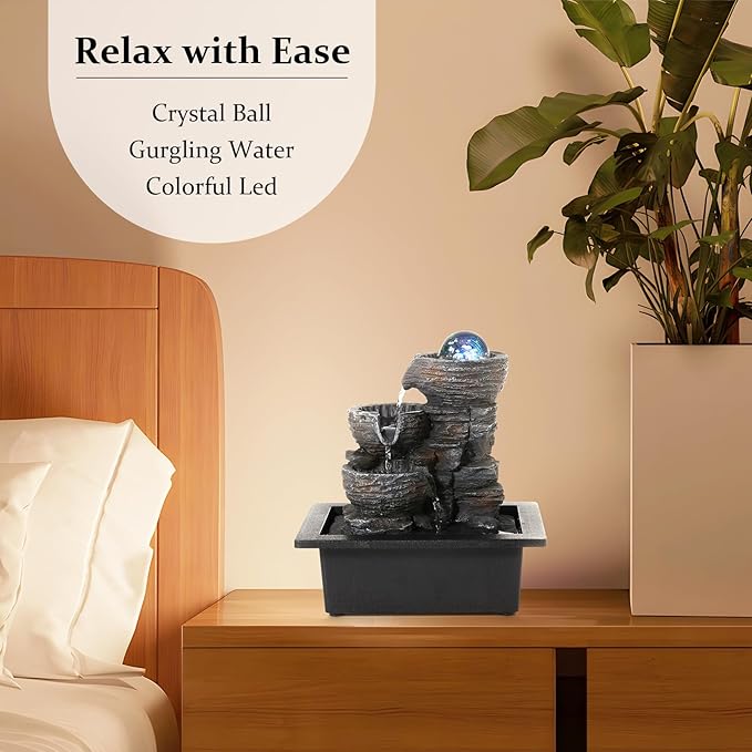 Crystal Ball Tabletop Water Fountain with LED Lights - 3-Tier Indoor Waterfall Feature for Relaxation, Natural Humidifier for Home and Office Decor, 10''X9''X6.9