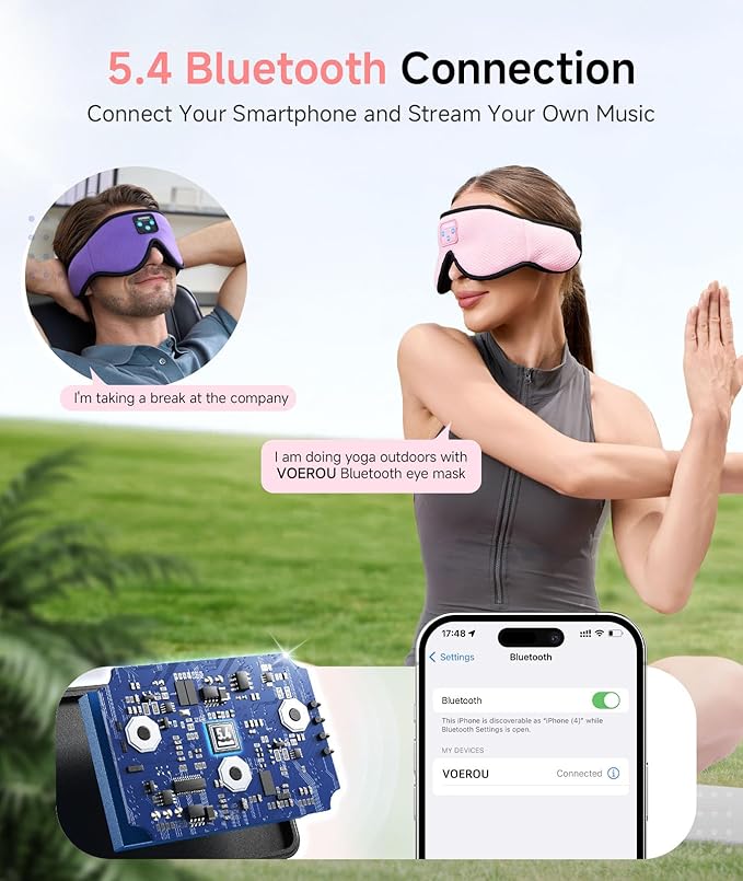 Voerou Sleep Headphones, 3D Wireless Bluetooth Eye Mask, Sleeping Headphones Earbuds for Side Sleepers with Ultra-Thin Stereo Speakers, Suitable for Sleep Office Nap Travel Meditation Cool Gadgets - Bloomnest