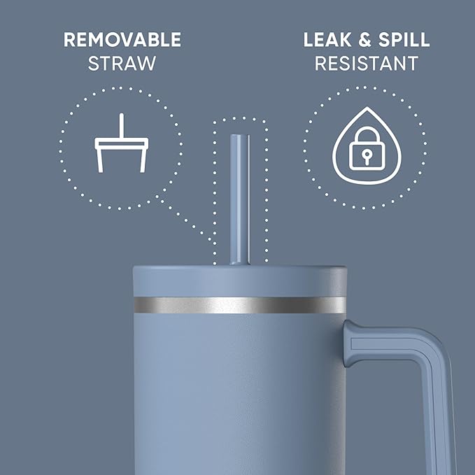Hydrapeak Voyager 40 Oz Stainless Steel Tumbler with Handle, Insulated Water Bottle With Straw & Lid, Cupholder Friendly Reusable Travel Mug (Modern Blue) - Bloomnest