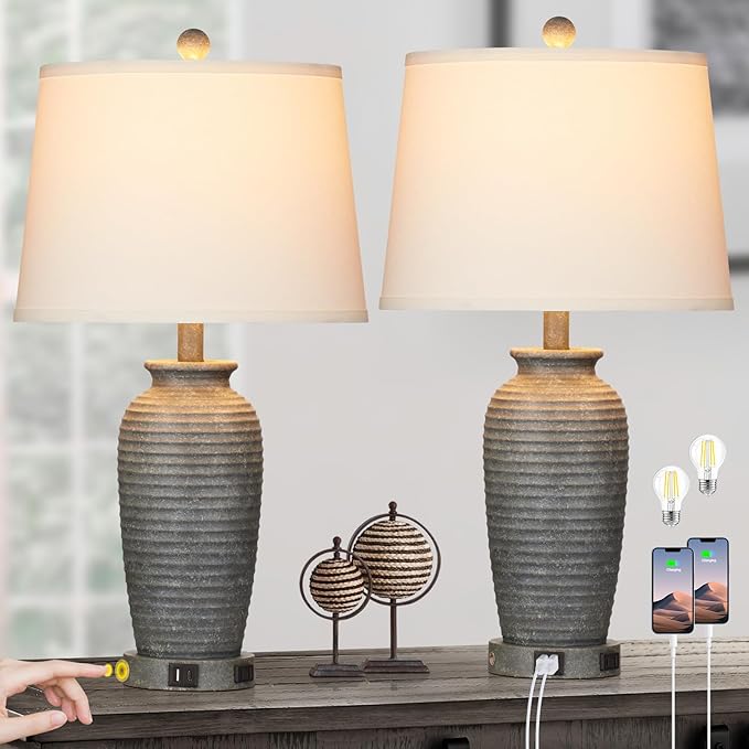 25" Farmhouse Jar Table Lamps Set of 2, 3 Way Touch Control Rustic Bedside Lamps with USB A+C Ports & AC Outlet, Pot Nightstand Lamps for Bedroom Living Room (LED Bulbs Included) - Bloomnest