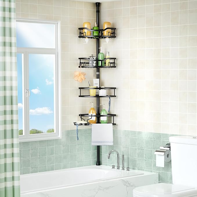 HAMITOR Corner Shower Caddy Tension Pole: Rustproof Stable 4-Tier Bathroom Organizer Shelves for Bathtub Shampoo Storage - 47-121 Inch Quick Install Adjustable Standing Rack with Soap Rack - Black - Bloomnest
