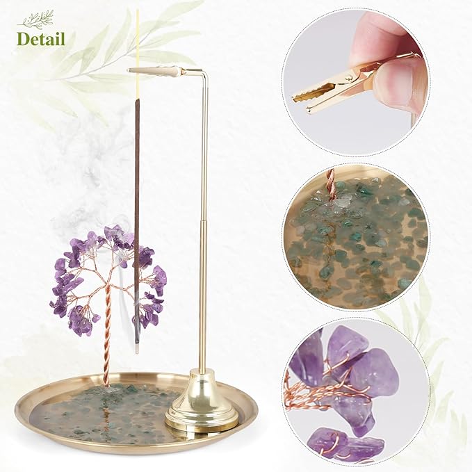 OTOFY 6.7 Inch Crystal Incense Holder for Sticks, Anti-Ash Flying Incense Burner with Crystal Stone Money Tree-Incense Burner for Meditation, Yoga and Home Decor (Purple) - Bloomnest