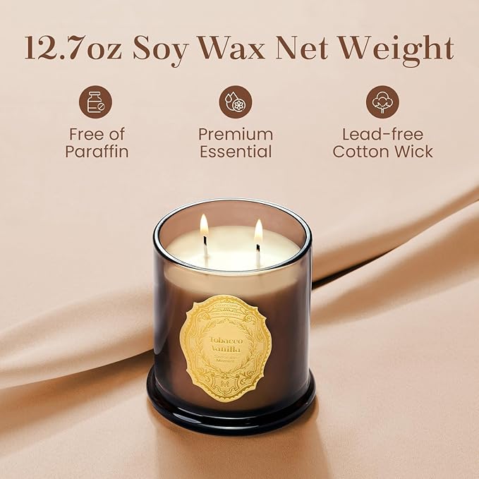 M&SENSE Tobacco Vanilla Candles for Home Scented, 2 Wick 12.7oz Soy Wax Candles Non Toxic,70 Hours Long Burning,Luxury Candles Gift for Stress Relief, Meditation, Yoga - Bloomnest