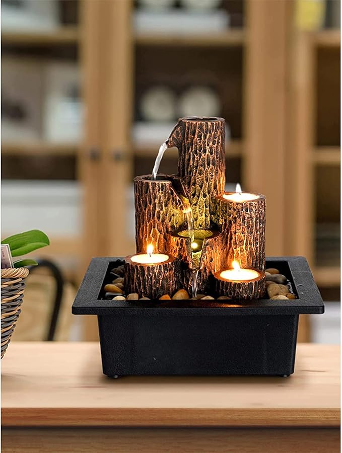 Small Indoor Relaxation Tabletop Fountain, Zen Meditation Waterfall Feature with Color LED Light & Natural Rocks, 4 Level Desk Waterfall for Home Office Bedroom Living Room Decoration (Style 4) - Bloomnest