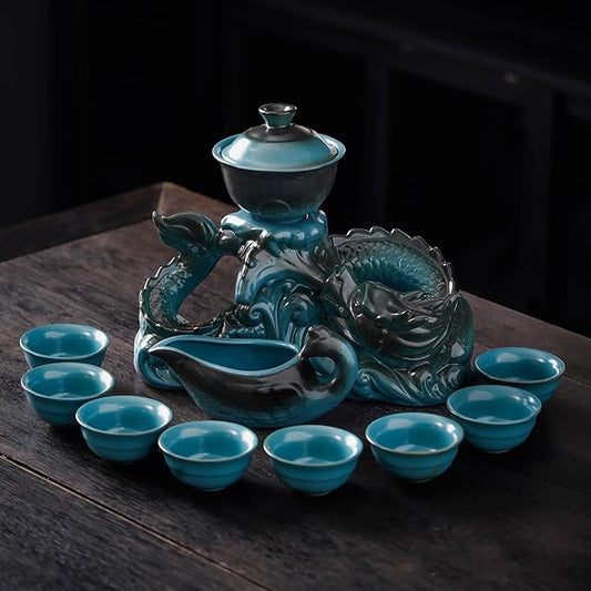 Semi Automatic Tea Set Ceramic Teapot with Infuser Magic Teapot with 8 cups (Light Blue Dragon-D) - Bloomnest