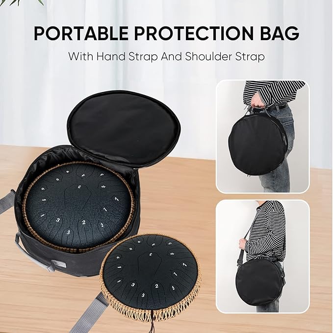 Steel Tongue Drum 12 Inch 15 Notes: Handpan Drums Set with Music Book Mallets Carry Bag - Hand Pan Instrument for Adults Musical Education Meditation Yoga Chakra (Black)
