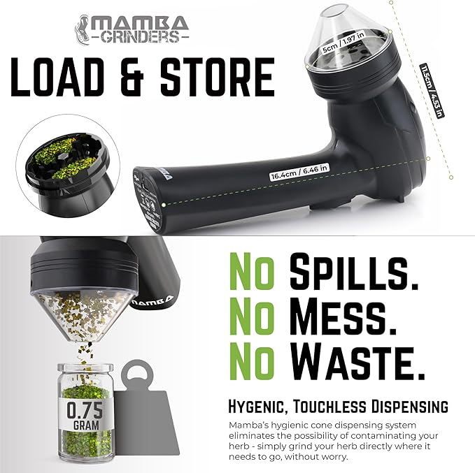 Mamba Lite 0.75g Black All-Plastic Head USB Electric Herb Grinder. Small Portable Herbal Machine & Spice Mill for the Kitchen - Bloomnest