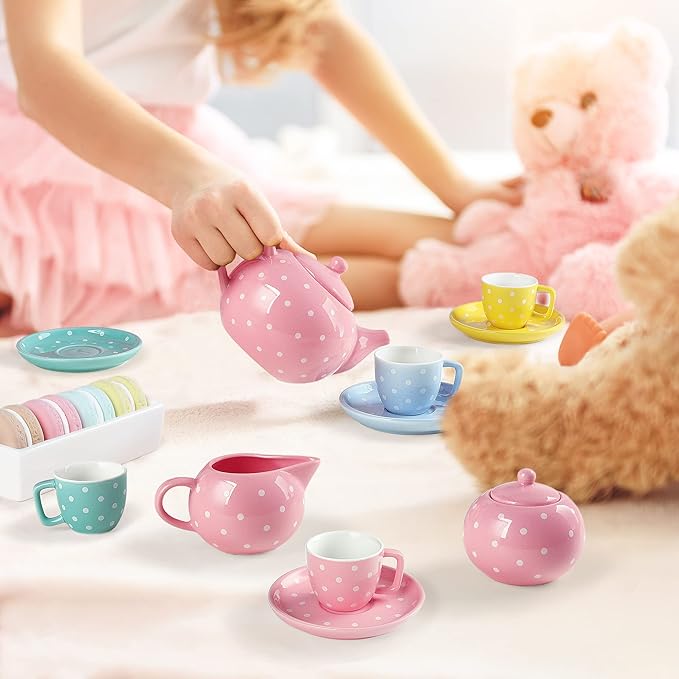 fanquare Porcelain Tea Set for Little Girls,12 Pieces Pretend Play Coloful Tea Set with Pink Box for Kid's Birthday - Bloomnest