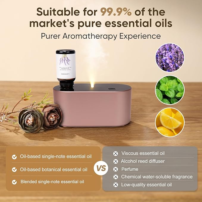 Waterless Diffuser for Home Essential Oil Diffuser, Aromatherapy Diffuser, Portable Scent Diffusers, 3 Mist Modes, Cycle Start for Bedroom, Office Studio 350-700 sq. ft Rose Gold - Bloomnest
