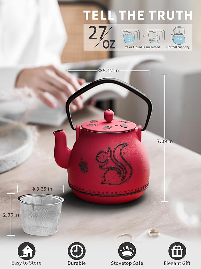 Toptier Teapot with Removable Infuser, Cast Iron Tea Kettle Stovetop Safe, Squirrel Design Tea Pot Coated with Enameled Interior for 32 Ounce (950 ml), Red - Bloomnest