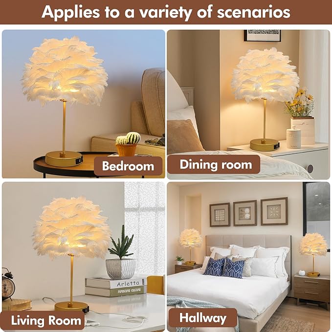 ZYLEIESENBAO Chic White Feather Lamp with USB Charging Port Modern Feather Table Lamp Cute Romantic Bedside Nightstand Light for Girl Room Childrens Room Living Room Entry Wedding Decoration - Bloomnest