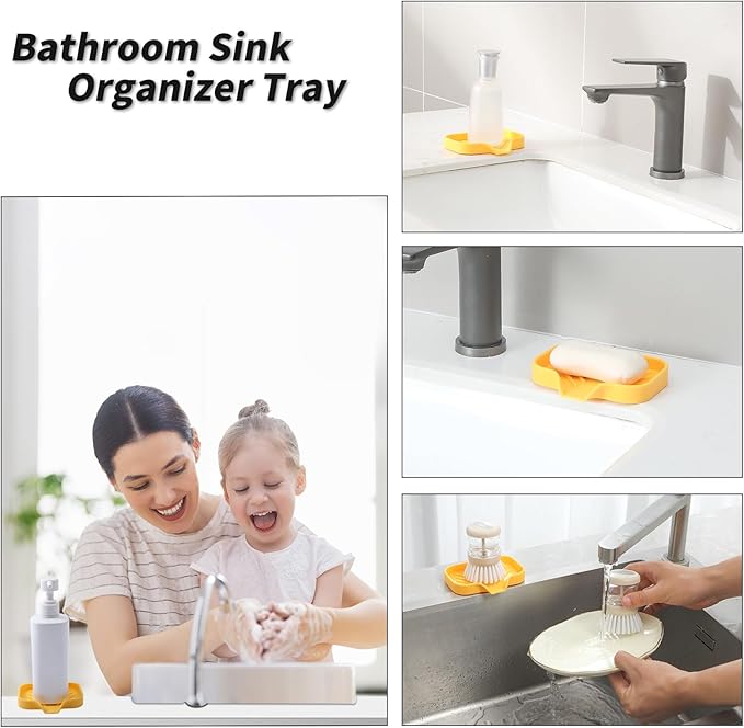 Silicone Bathroom Soap Dishes with Drain Spout-Bathroom and Kitchen Sink Organizer,Sponge Holder,Dish Soap Tray,Perfect for Dispenser,Scrubber,Bottle,Cup on Sink or Counter-Yellow 4.9"×3.2" - Bloomnest